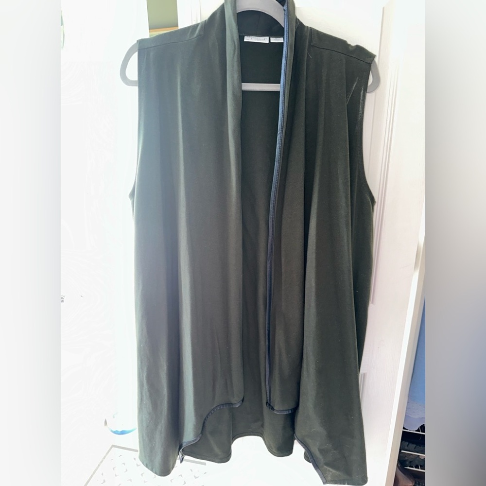 Sleeveless Olive Green with black leather trim Open Front long Vest XL